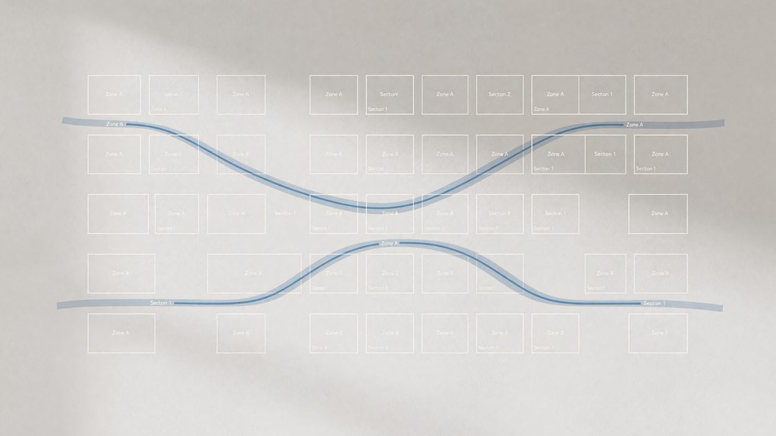 Abstract diagram of labeled rectangular page regions connected by directional arrows in soft blue tones
