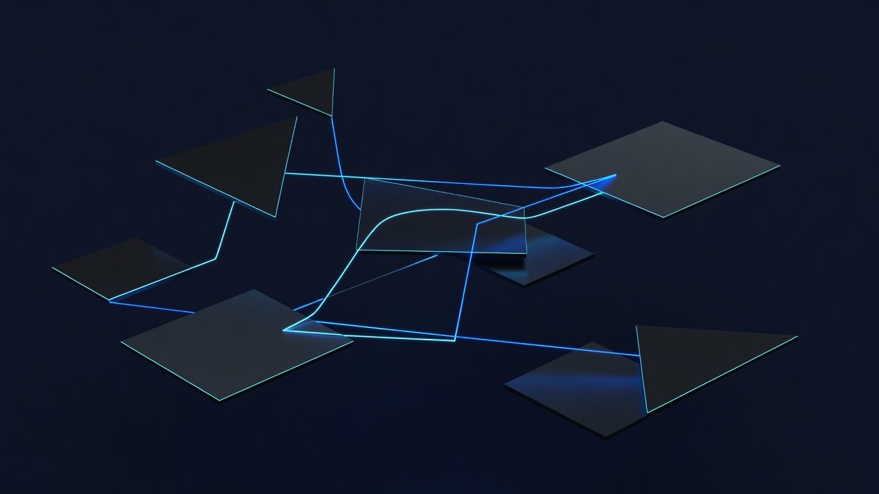 Abstract geometric composition of floating UI panels tethered by glowing connector lines on a dark background