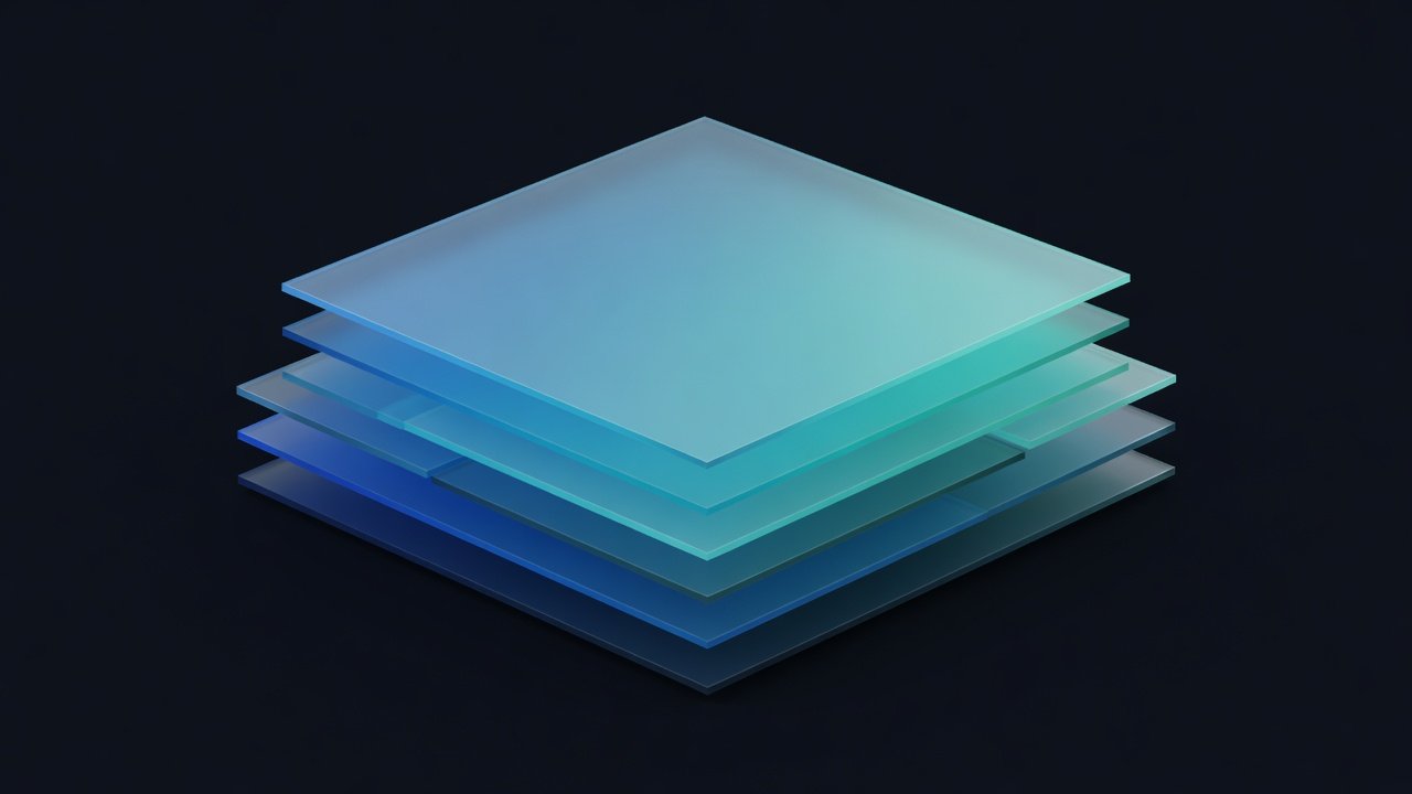 Abstract stacked geometric panels in blue and teal tones representing layered CSS cascade architecture