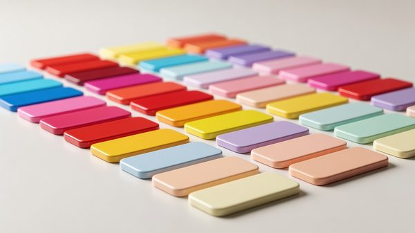 Rows of glossy colored swatch cards in light and dark tones arranged on a pale surface