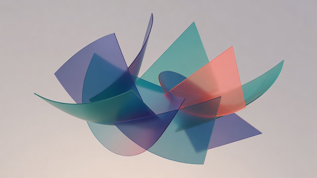 Abstract composition of curved and angular clipped panels overlapping on a neutral background