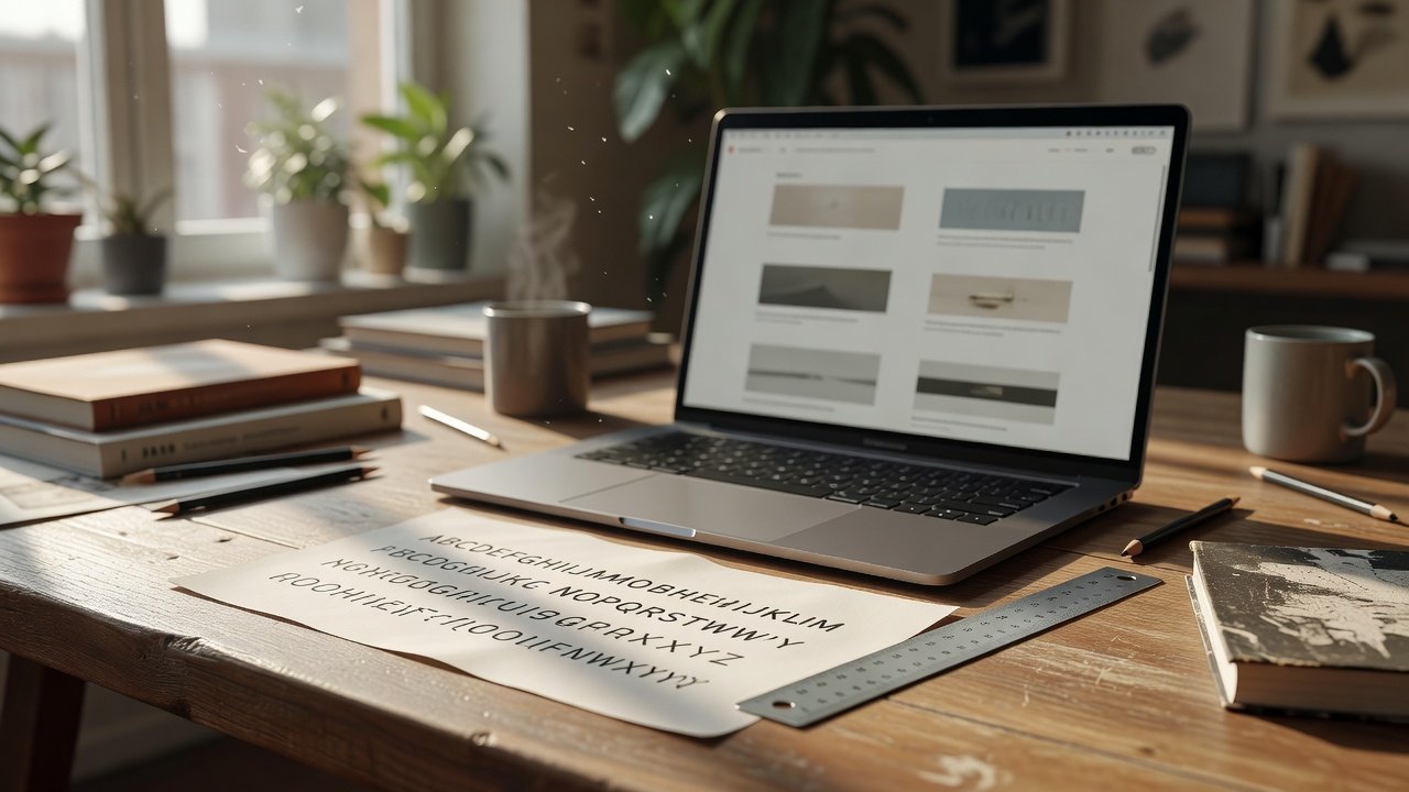A designer's desk with a laptop showing blurred page layouts at different widths beside a printed type specimen