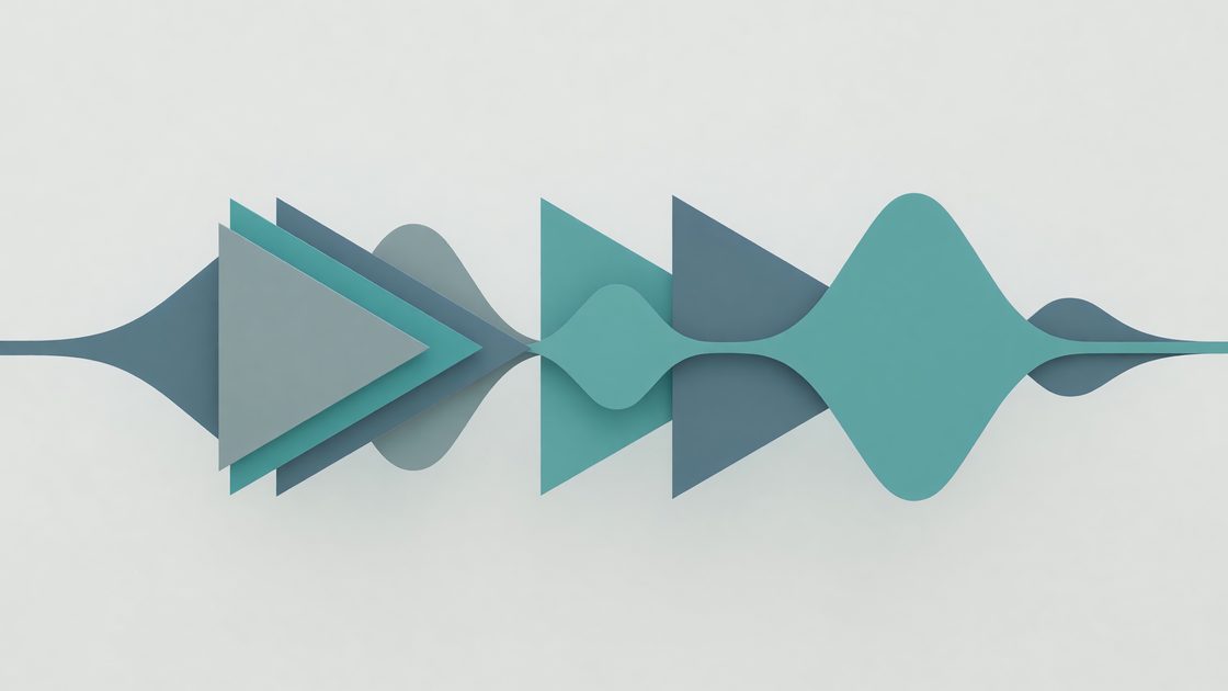 Abstract illustration of layered play-button and waveform shapes in muted color blocks