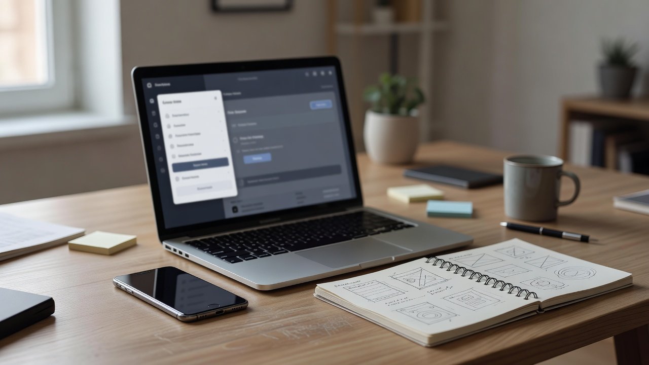 A designer's desk with a laptop showing a blurred page with a slide-out side panel and a dimmed main area