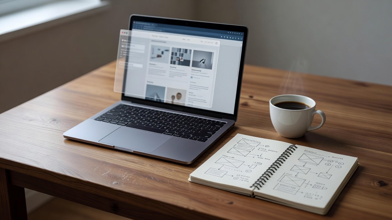 A designer's desk with a laptop showing blurred interface layouts, including an overlay panel above a page